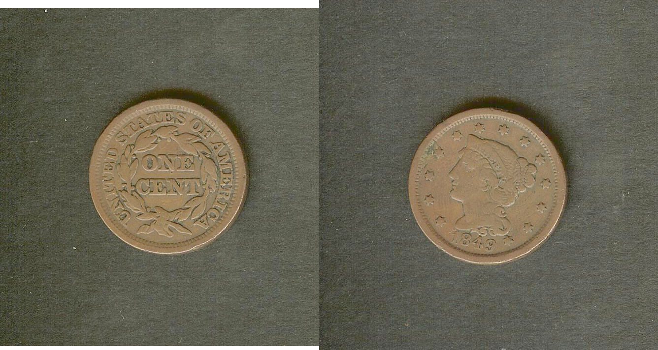 USA 1 large cent \"braided hair\" 1849 VF